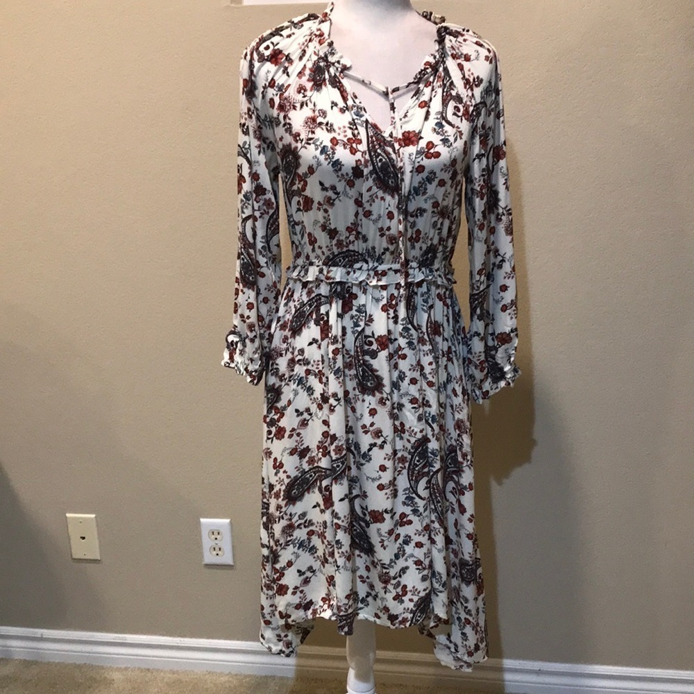 Indigo Rose Floral Ruffle Asymmetrical Hem w/Tie Neckline Elastic Waist Dress-M